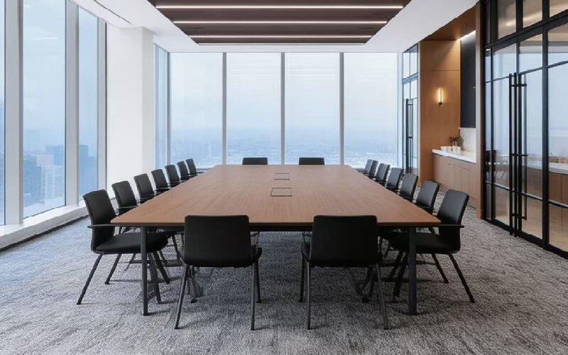 北京办公室装修图:高层会议室落地窗景观与会议桌椅.jpg